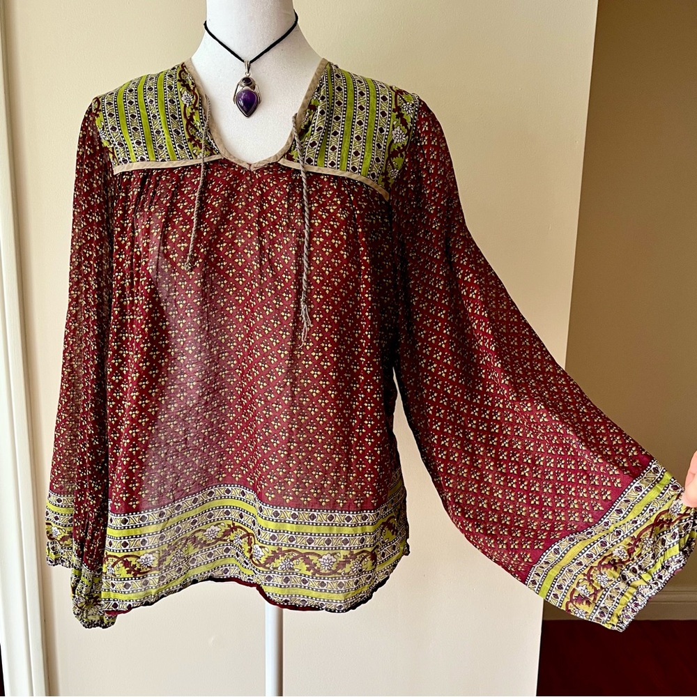 Vintage 70s Indian Cotton Gauze Boho Folk Blouse Peasant Doen Gypsy Hippie